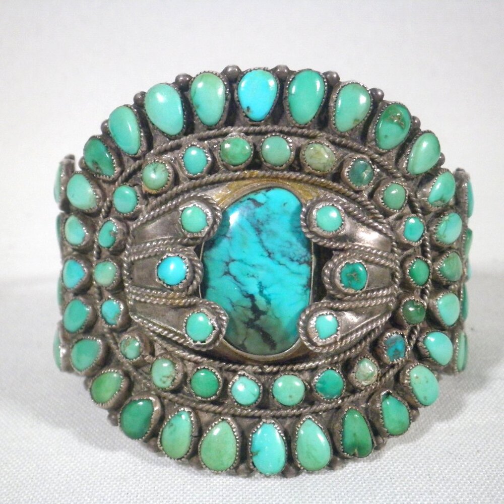 Native Turquoise Cluster Silver Cuff Bracelet - Blue Green Stones